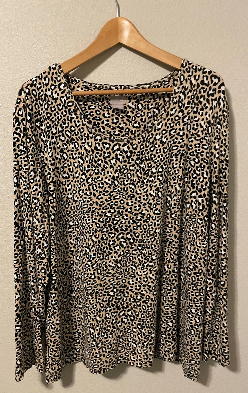 Chicos Tunic Womens Size 4 US XXL Beige Leopard Knit Long Sleeve Boho Stretch